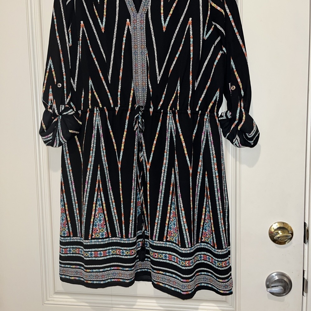 Signature Studio Geometric Tribal Print V-Neck Dress Black XL Boho Tassel Tie - Picture 2 of 10
